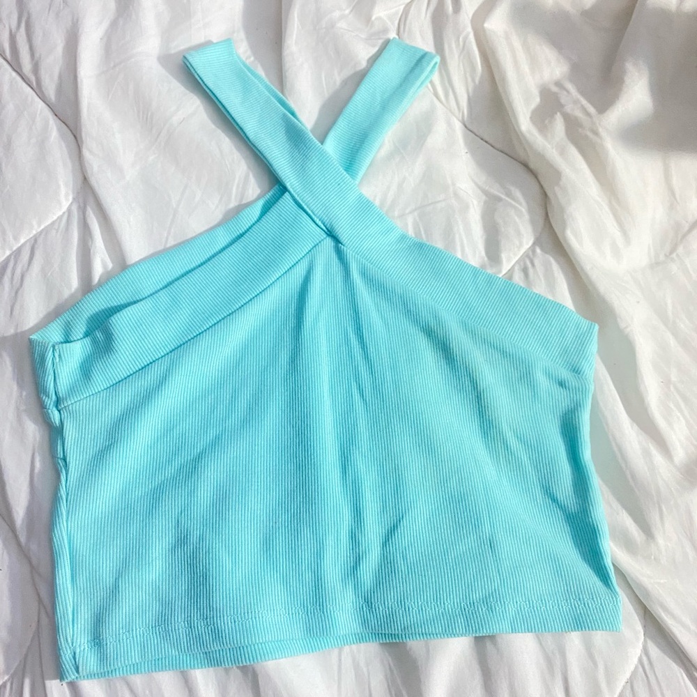 Women's Aqua Blue Ribbed Cross-Strap Top